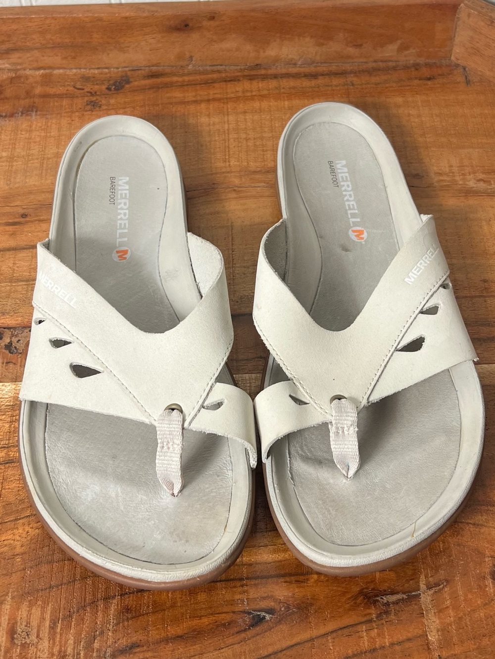 Merrell Barefoot Thong Leather Flip Flop Sandals 8 Ivory Sand Shoes Vibram